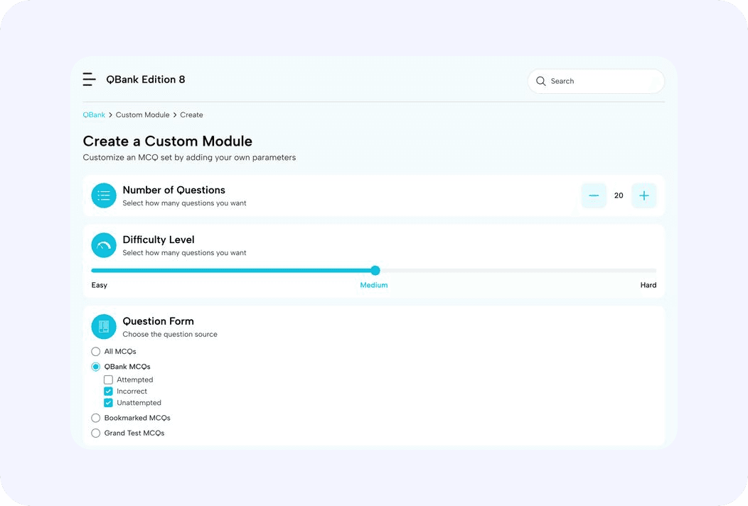 Create a Custom Module screen with number of questions, difficulty level and question source options